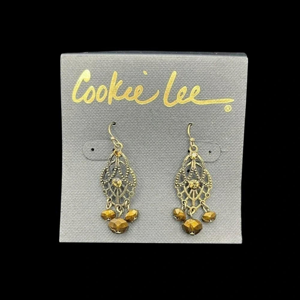 Filigree‎ Dangle Earrings Amber Rhinestone Antique Gold Tone Boho Earthy Ornate